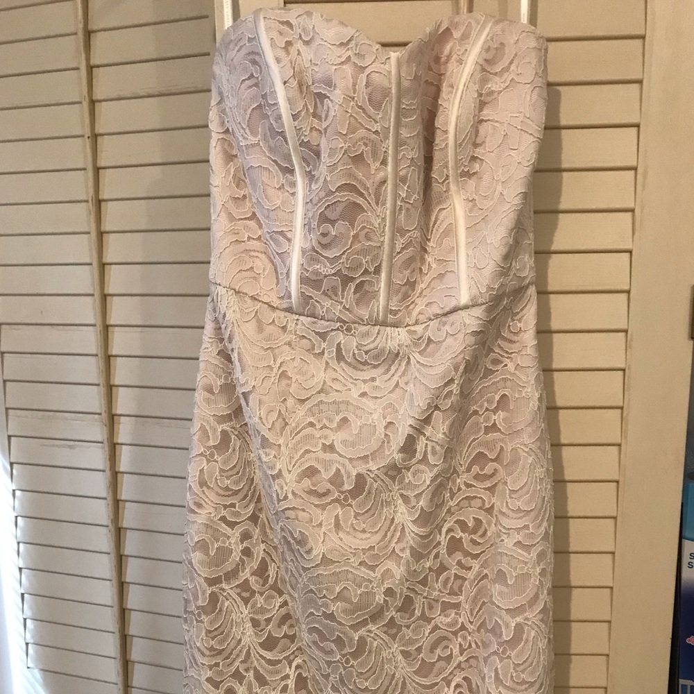 Blush/white strapless midi dress